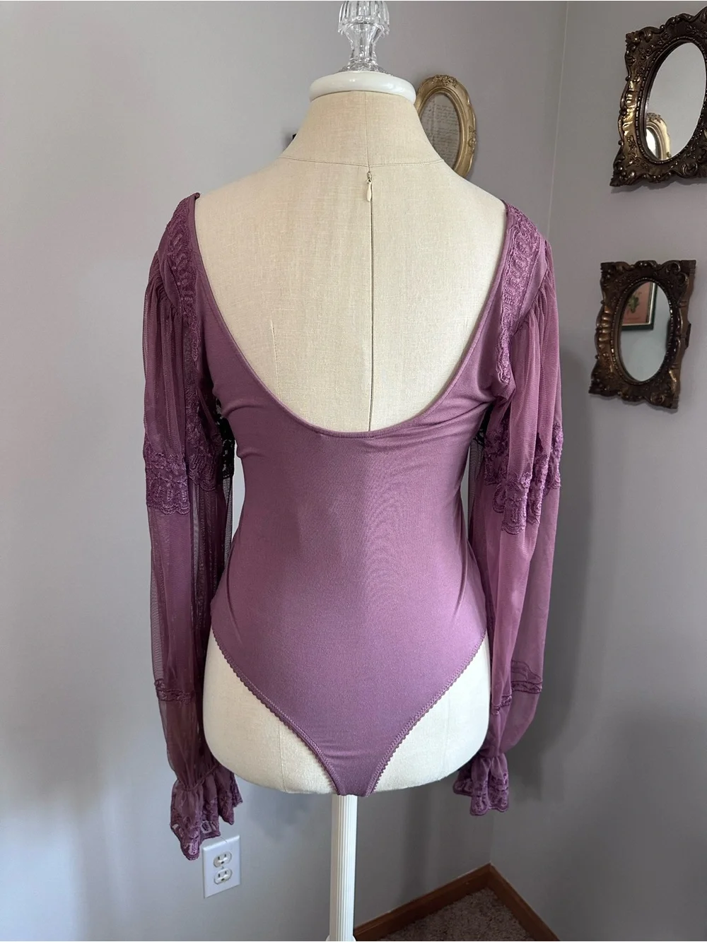 Free People Fleur Du Jour Dusty Rose Lace & Mesh Long Sleeve Bodysuit